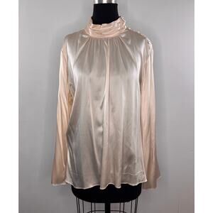 VINTAGE Fashion Instinct Beige Top Silk Stretch Pleated Turtleneck Flutter 1X